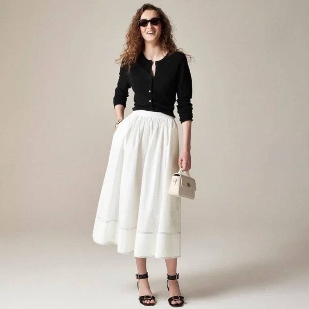 NWT!! J. CREW Contrast-Stitch‎ Midi Skirt Cotton Poplin Solid White Navy Blue 14